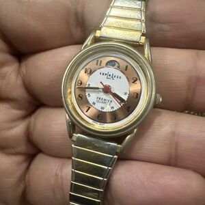 Works VTG LA Express Moonphase Gold Tone Ladies Watch 25mm Fit 6.5in New Battery